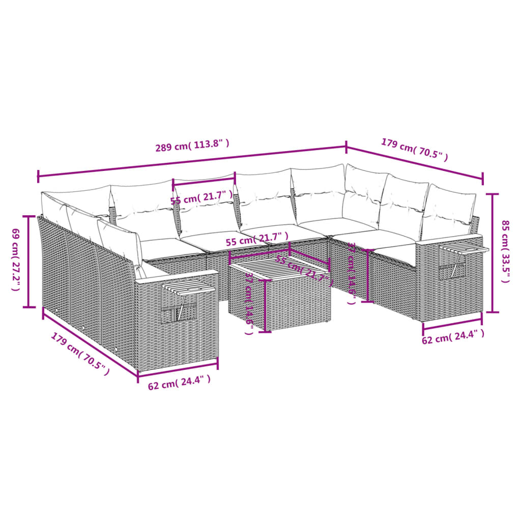 Set Divano da Giardino 10 pz con Cuscini Grigio in Polyrattan 3227124