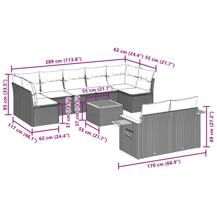 Set Divani da Giardino 10pz con Cuscini in Polyrattan Nero 3227134