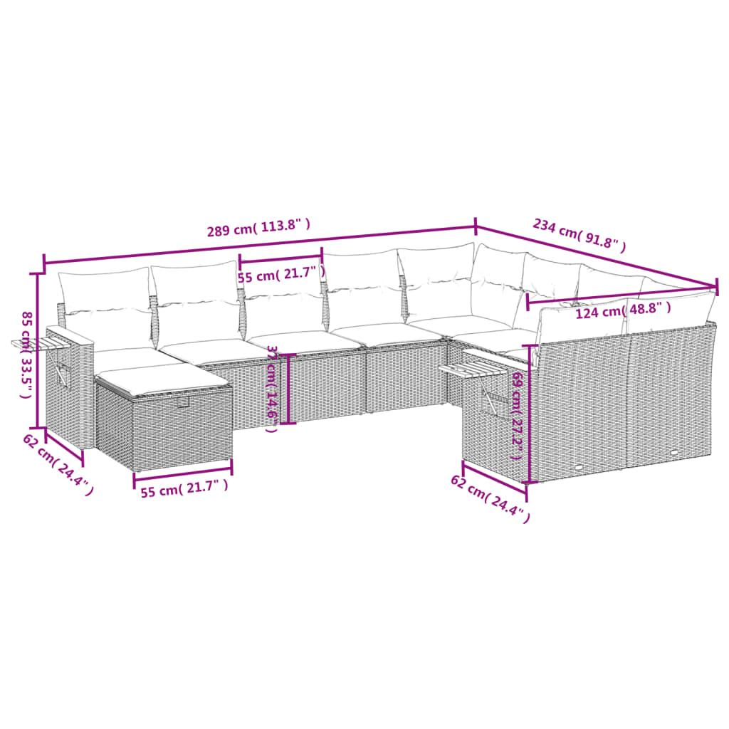 Set Divani da Giardino 10pz con Cuscini in Polyrattan Nero 3227155