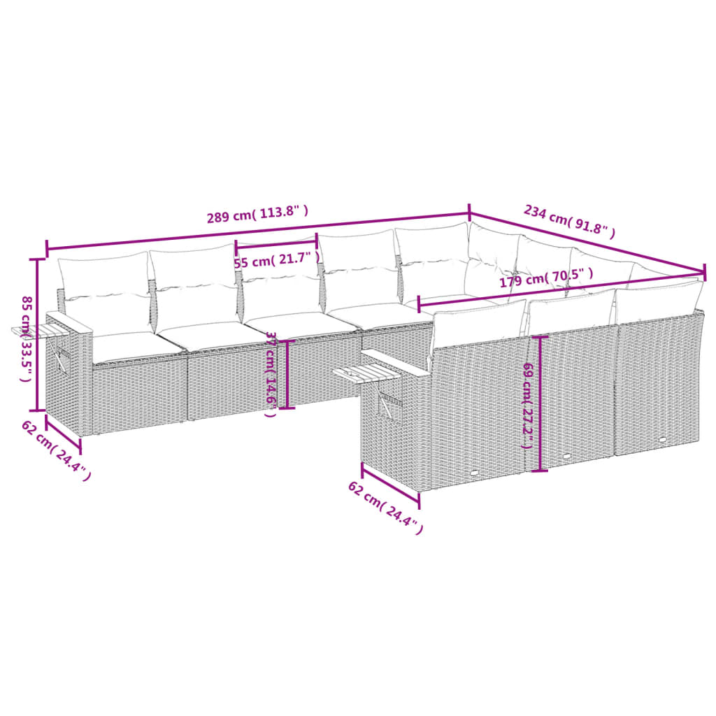 Set Divano da Giardino 10 pz con Cuscini Beige in Polyrattan 3227179