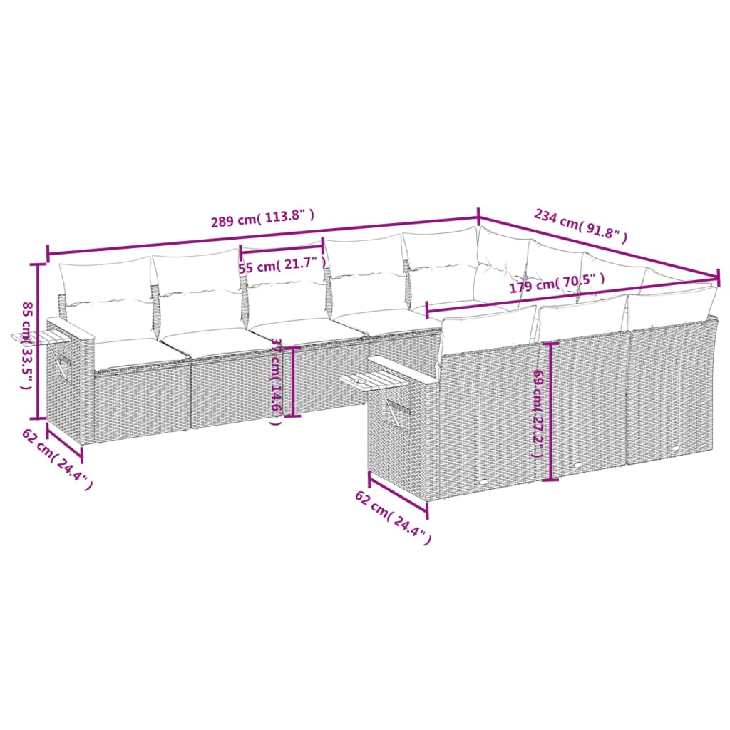 Set Divano da Giardino 10 pz con Cuscini Grigio in Polyrattan 3227180