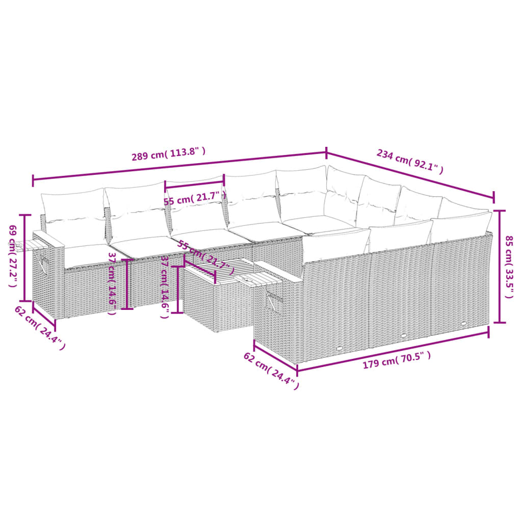 Set Divani da Giardino 11 pz con Cuscini in Polyrattan Nero 3227182