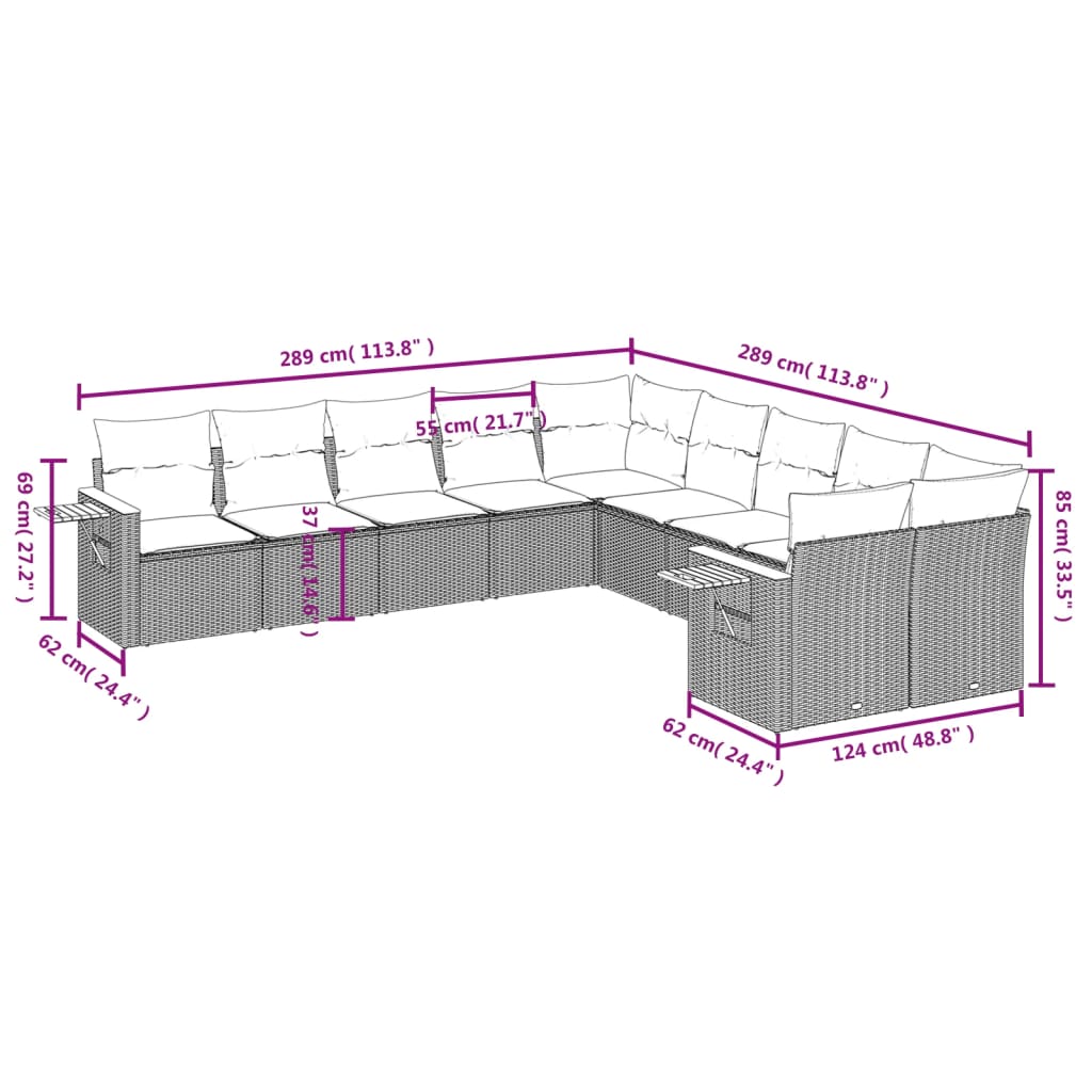 Set Divano da Giardino 10 pz con Cuscini Beige in Polyrattan 3227192