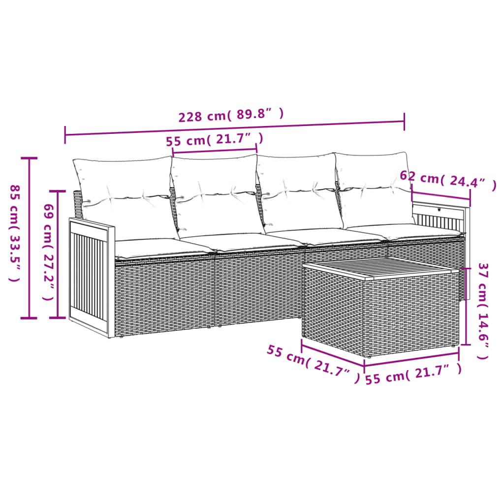 Set Divani da Giardino 5 pz con Cuscini in Polyrattan Nero 3227455