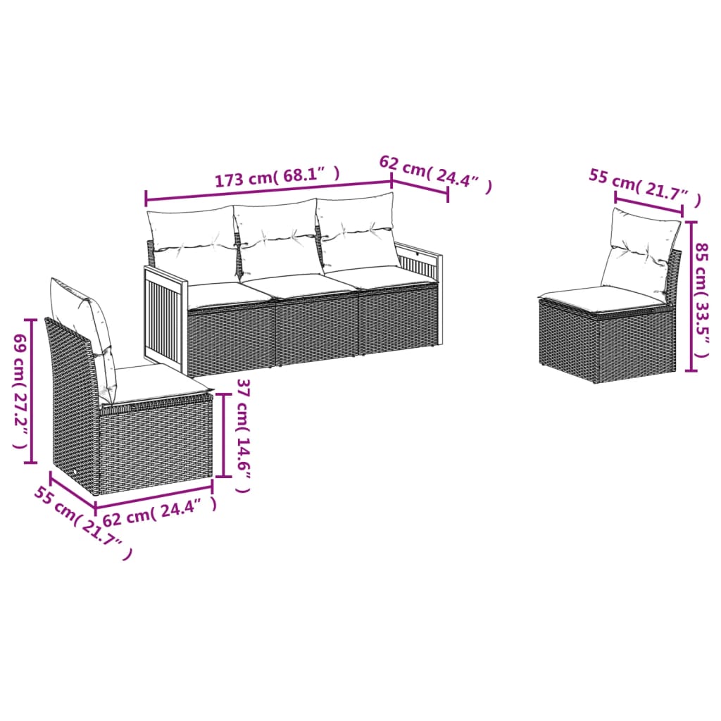 Set Divani da Giardino 5 pz con Cuscini in Polyrattan Nero 3227525