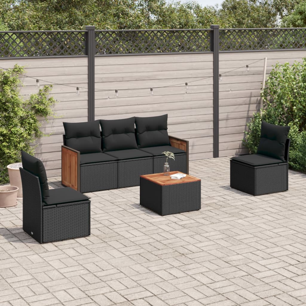 Set Divano da Giardino 6 pz con Cuscini Nero in Polyrattan 3227532