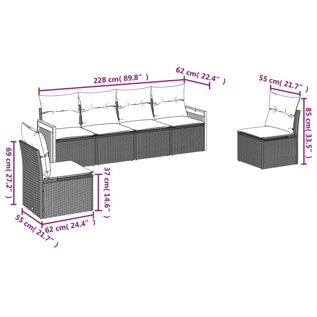 Set Divano da Giardino 6 pz con Cuscini Nero in Polyrattan 3227539