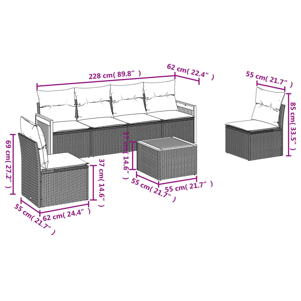 Set Divani da Giardino 7 pz con Cuscini Beige in Polyrattan 3227549