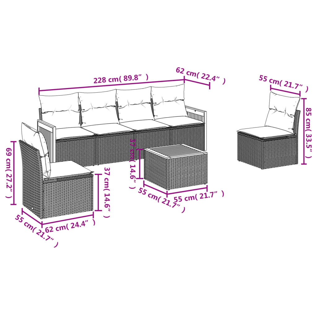 Set Divani da Giardino 7 pz con Cuscini Grigio in Polyrattan 3227551