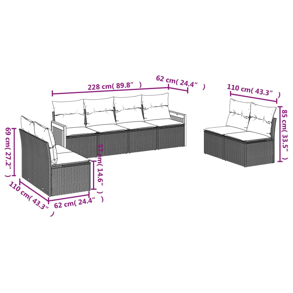 Set Divani da Giardino con Cuscini 8 pz Nero in Polyrattan 3227567