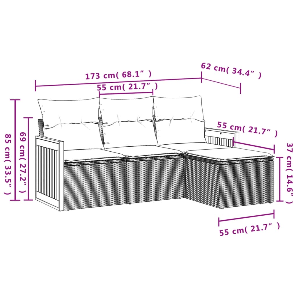 Set Divani da Giardino 4 pz con Cuscini Nero in Polyrattan 3227581