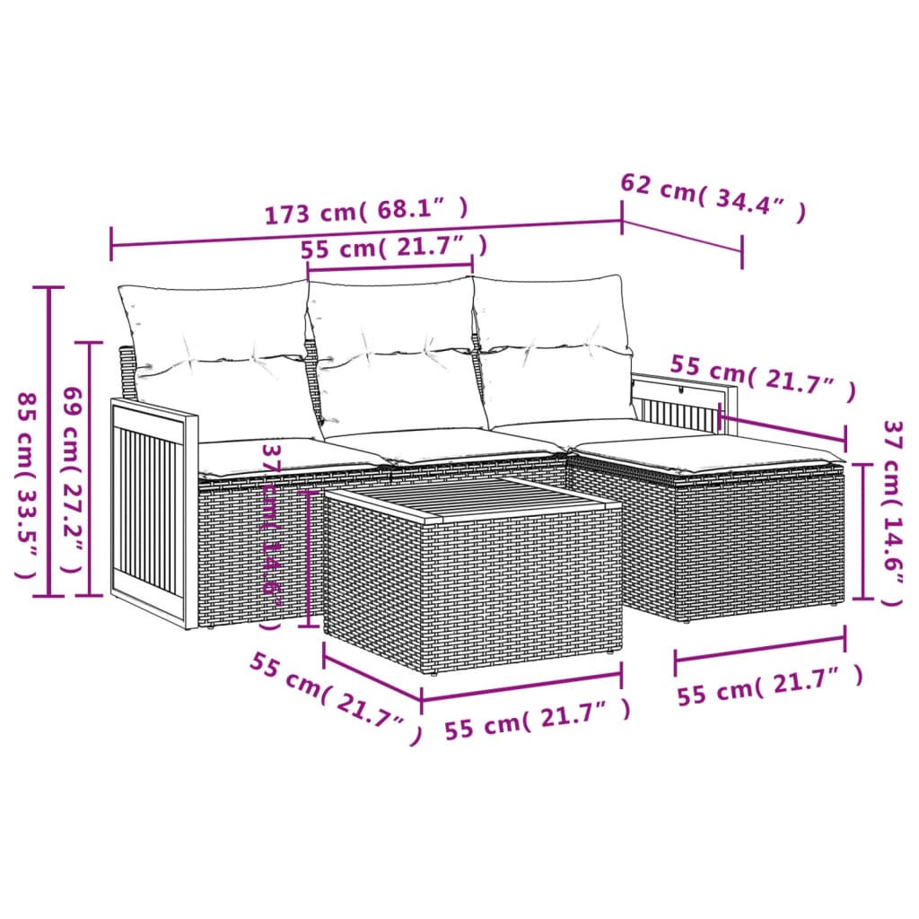 Set Divani da Giardino 5 pz con Cuscini in Polyrattan Nero 3227588