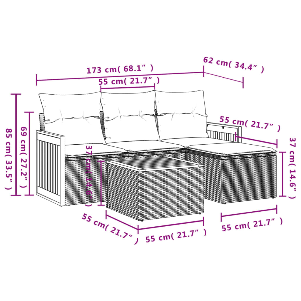 Set Divani da Giardino 5 pz con Cuscini in Polyrattan Nero 3227589