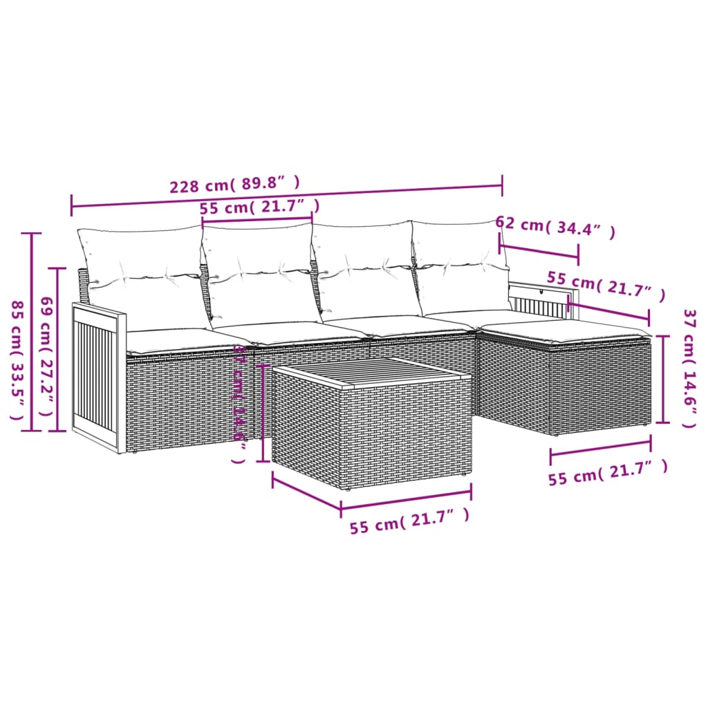 Set Divano da Giardino 6 pz con Cuscini Grigio in Polyrattan 3227607