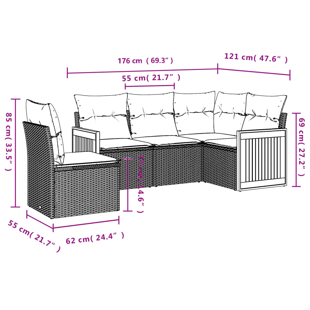 Set Divano da Giardino 5 pz con Cuscini Grigio in Polyrattan 3227656