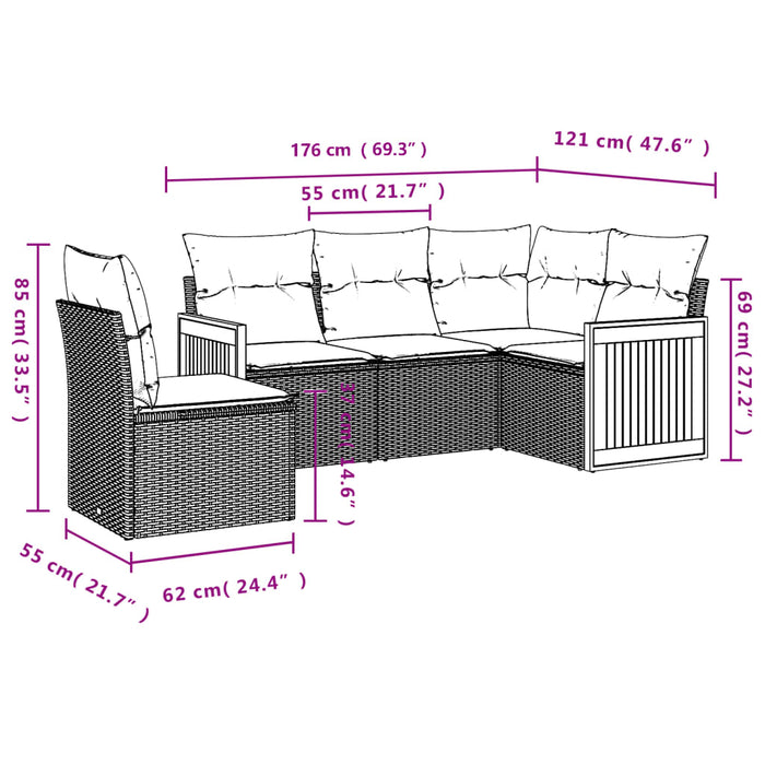 Set Divano da Giardino 5 pz con Cuscini Grigio in Polyrattan 3227656