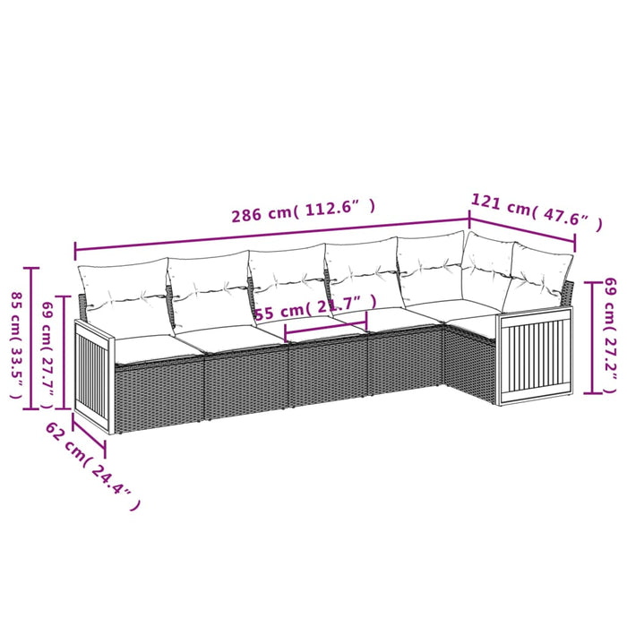 Set Divano da Giardino 6 pz con Cuscini Nero in Polyrattan 3227666