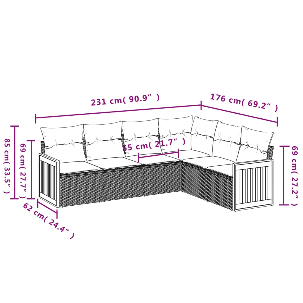 Set Divano da Giardino 6 pz con Cuscini Nero in Polyrattan 3227679