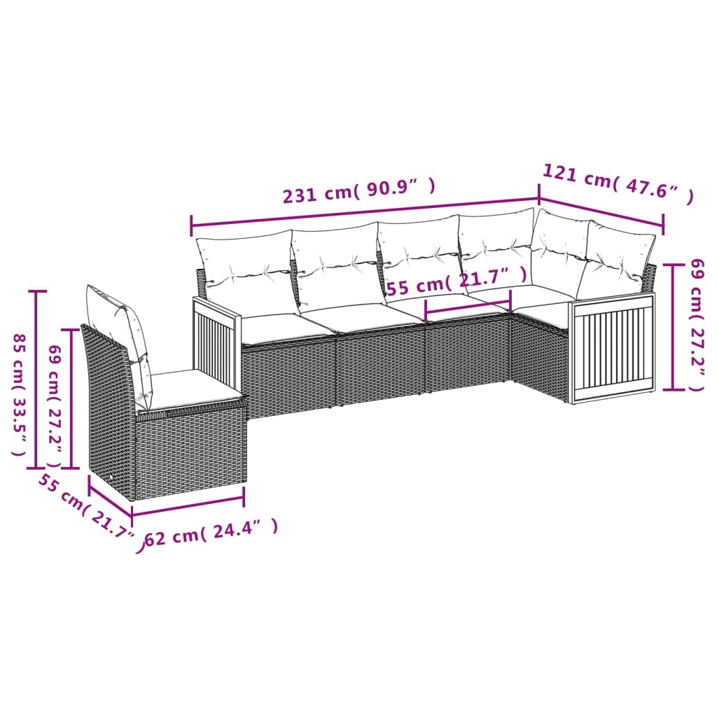 Set Divano da Giardino 6 pz con Cuscini Nero in Polyrattan 3227694