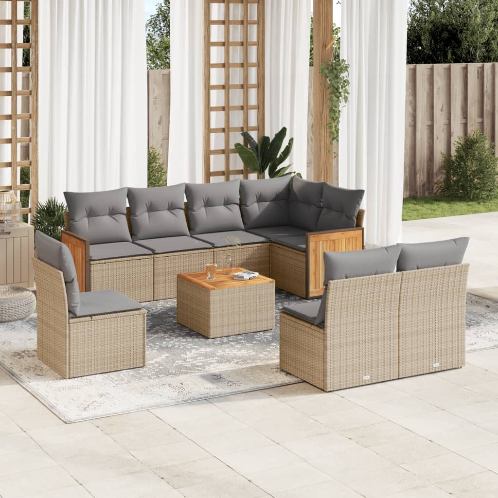 Set Divano da Giardino 9 pz con Cuscini Beige in Polyrattan 3227732