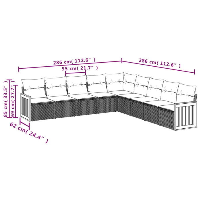 Set Divano da Giardino 9 pz con Cuscini Beige in Polyrattan 3227738