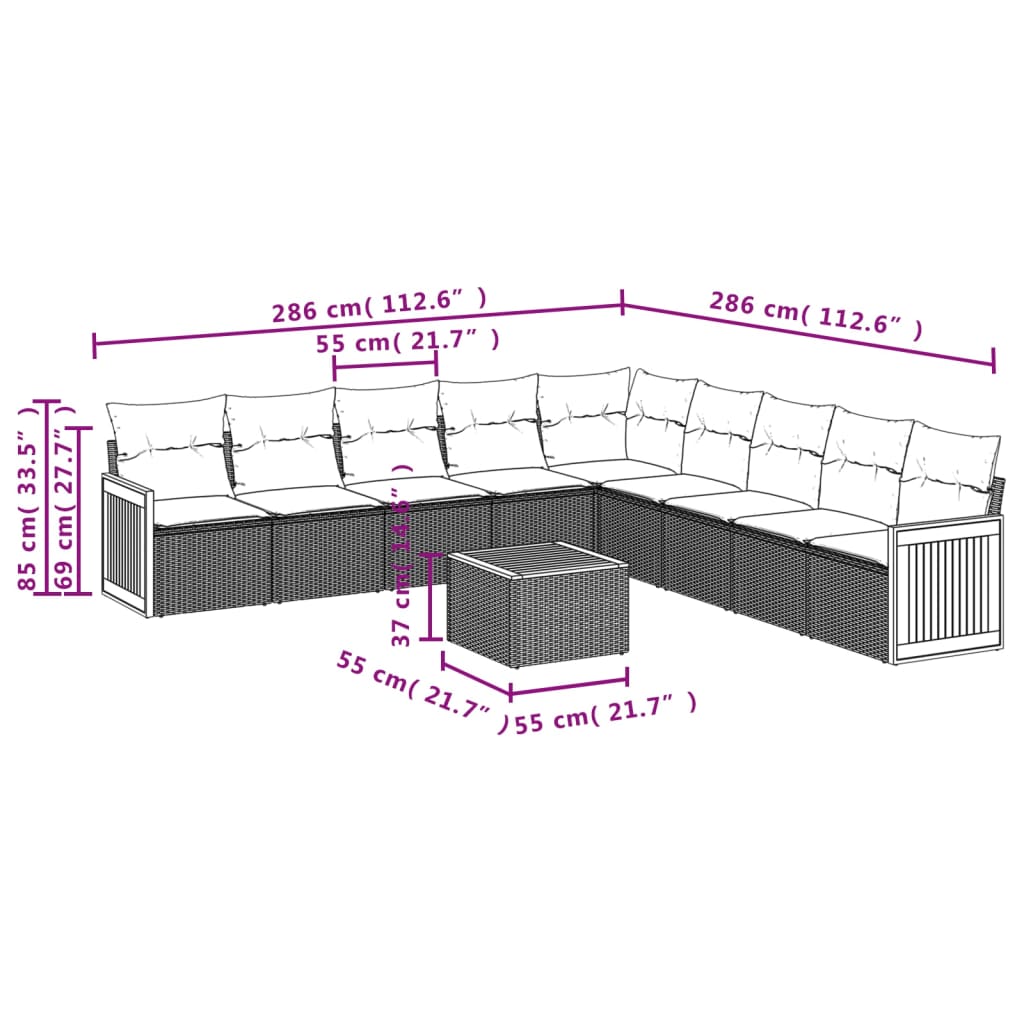 Set Divano da Giardino 10 pz con Cuscini Grigio in Polyrattan 3227747