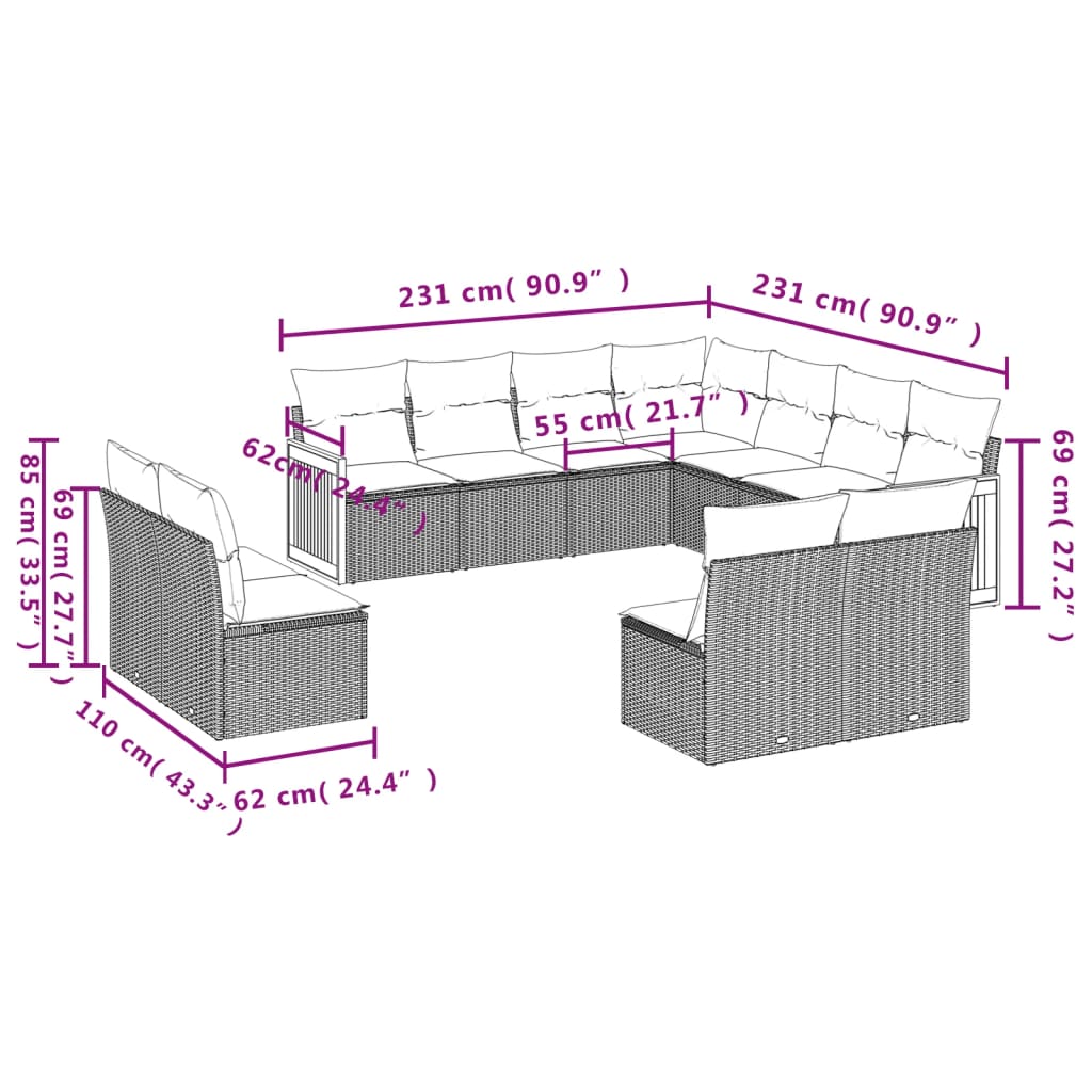 Set Divani da Giardino 11 pz con Cuscini in Polyrattan Nero 3227763