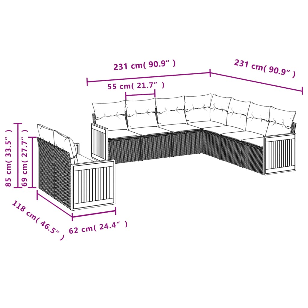 Set Divani da Giardino 9 pz con Cuscini Nero in Polyrattan 3227778