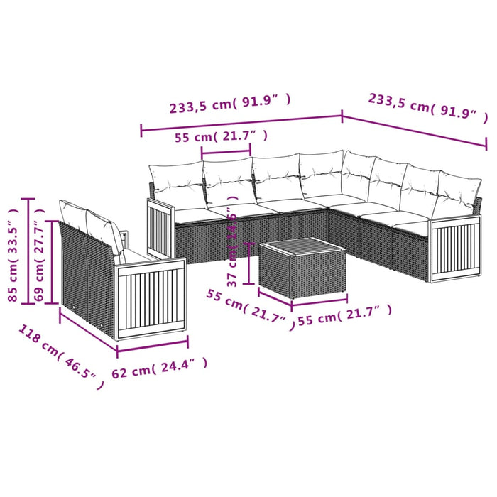 Set Divani da Giardino 10pz con Cuscini in Polyrattan Nero 3227784