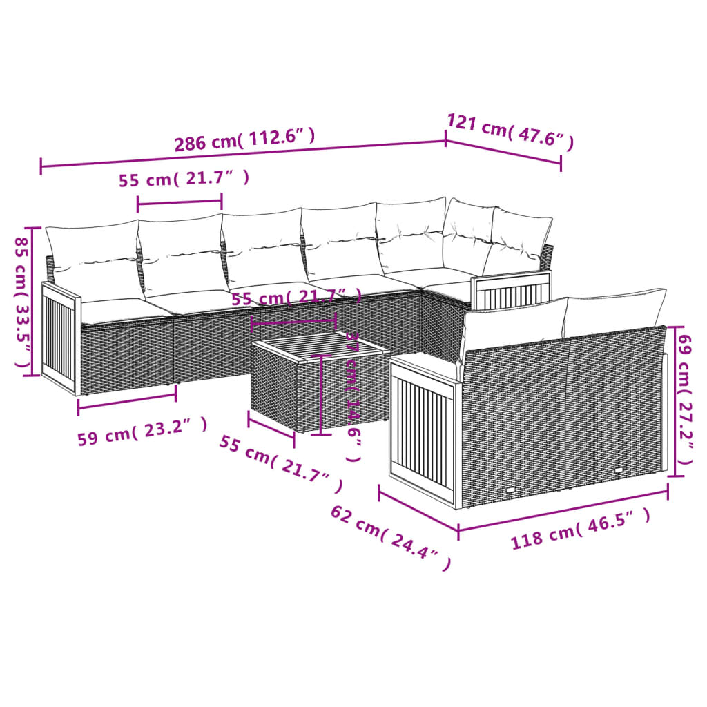 Set Divano da Giardino 9 pz con Cuscini Grigio in Polyrattan 3227838