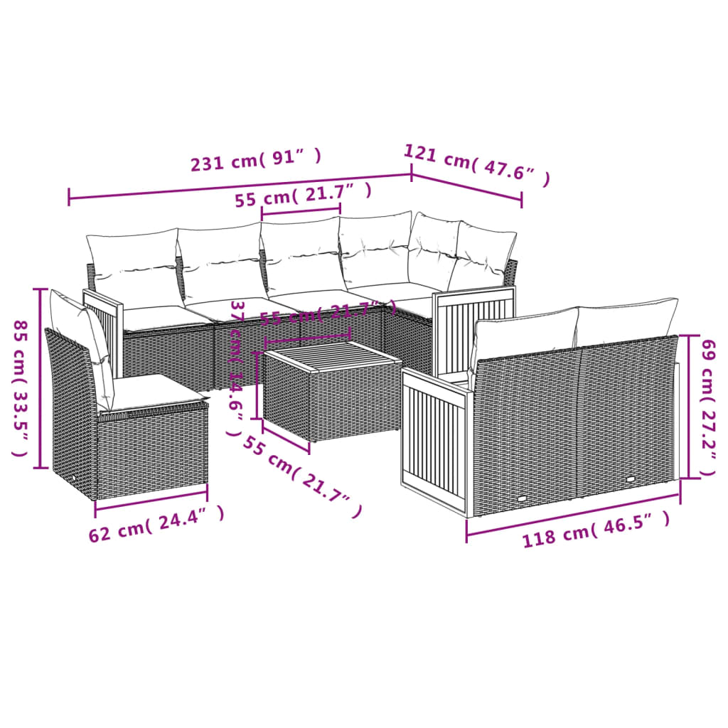 Set Divano da Giardino 9 pz con Cuscini Beige in Polyrattan 3227850