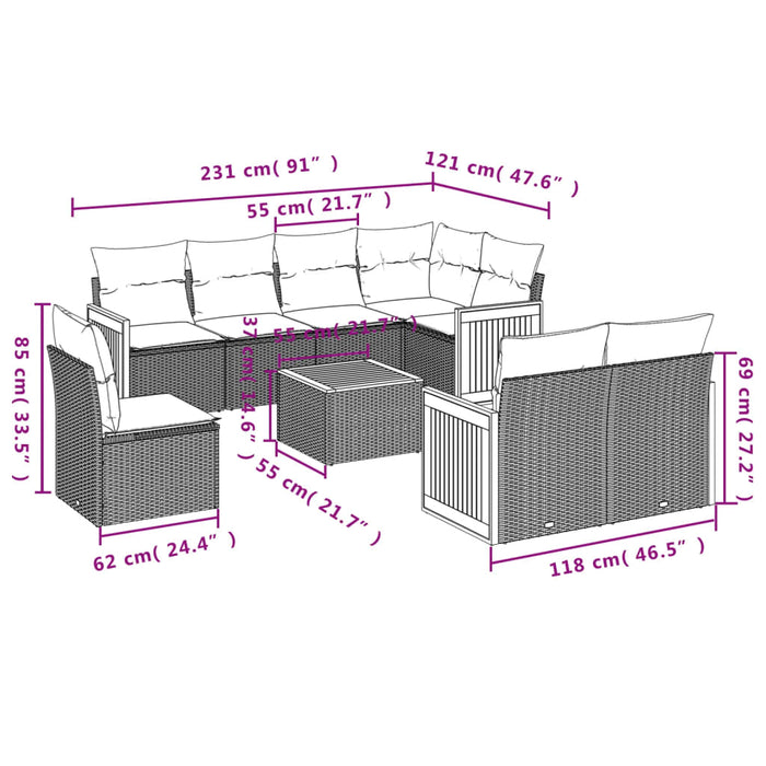 Set Divano da Giardino 9 pz con Cuscini Beige in Polyrattan 3227851