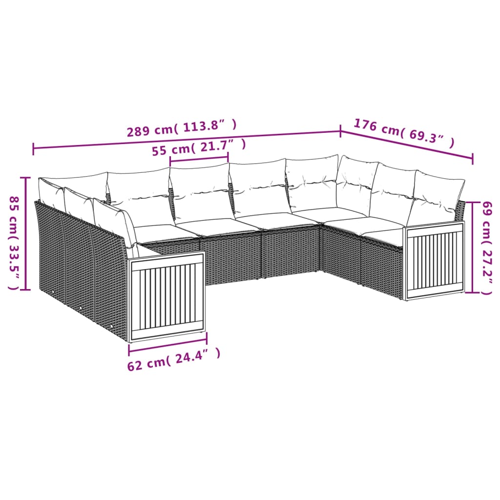 Set Divani da Giardino 9 pz con Cuscini Nero in Polyrattan 3227952