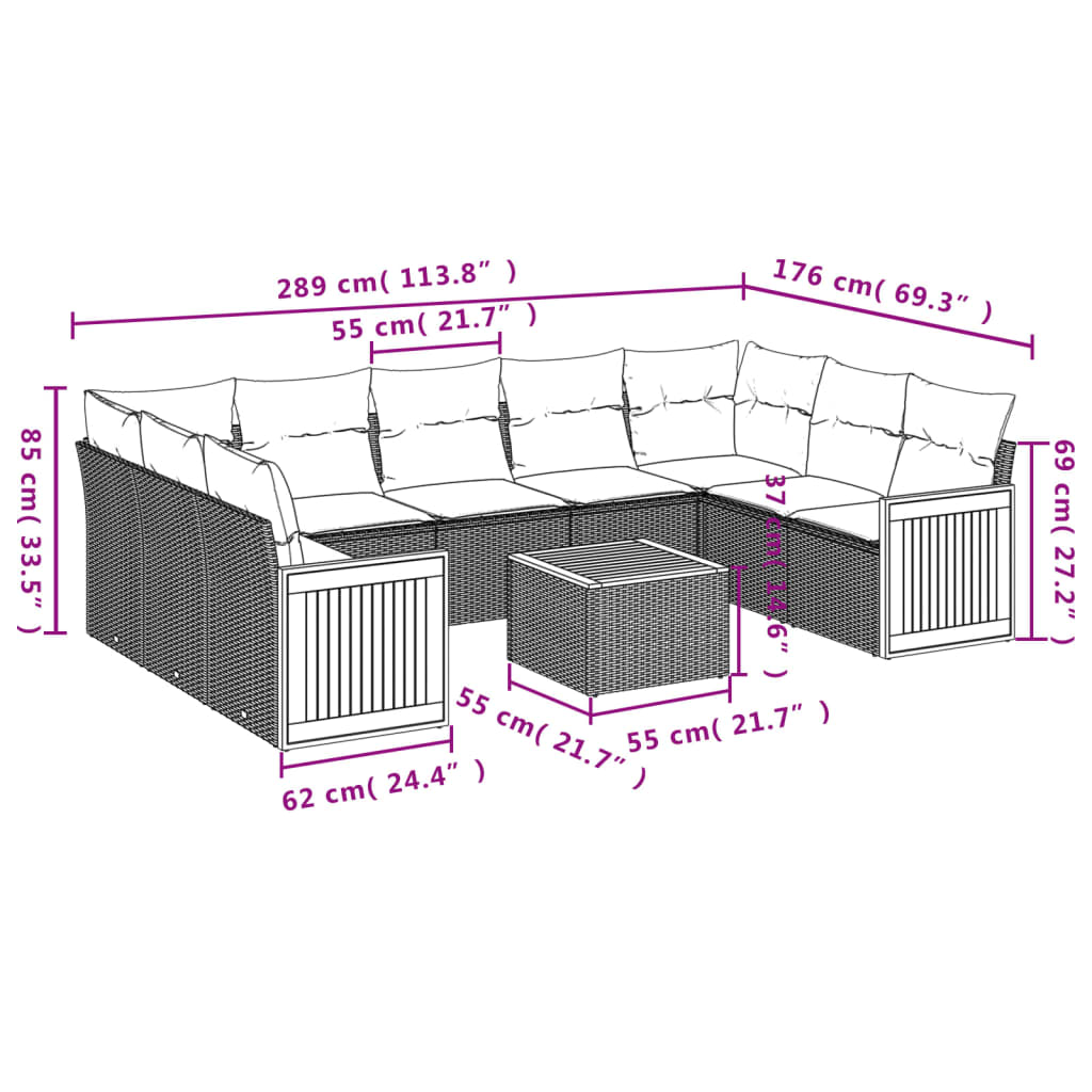 Set Divani da Giardino 10pz con Cuscini in Polyrattan Nero 3227960