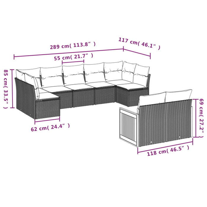 Set Divano da Giardino 9 pz con Cuscini Beige in Polyrattan 3227969