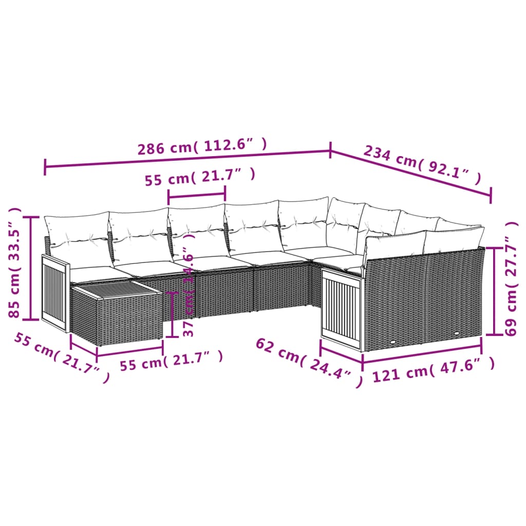 Set Divani da Giardino 10pz con Cuscini in Polyrattan Nero 3227994