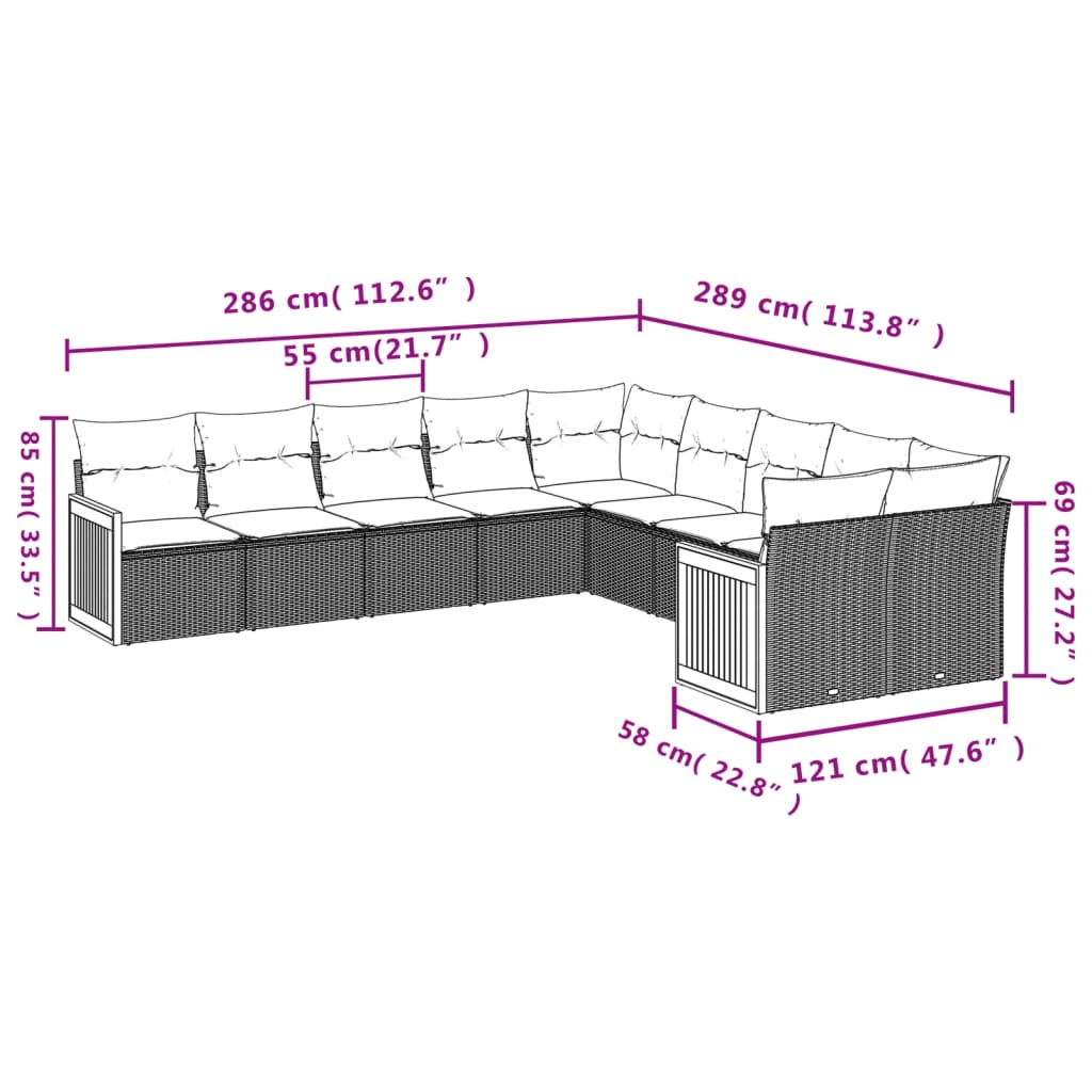 Set Divano da Giardino 10 pz con Cuscini Beige in Polyrattan 3228032