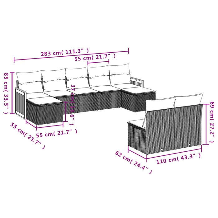 Set Divani da Giardino 9 pz con Cuscini Nero in Polyrattan 3228050