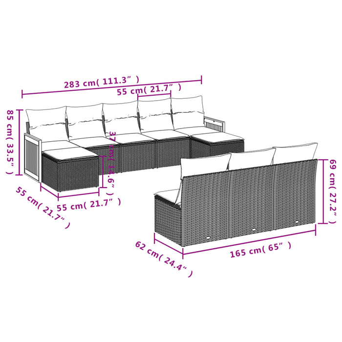 Set Divani da Giardino 10pz con Cuscini in Polyrattan Nero 3228065