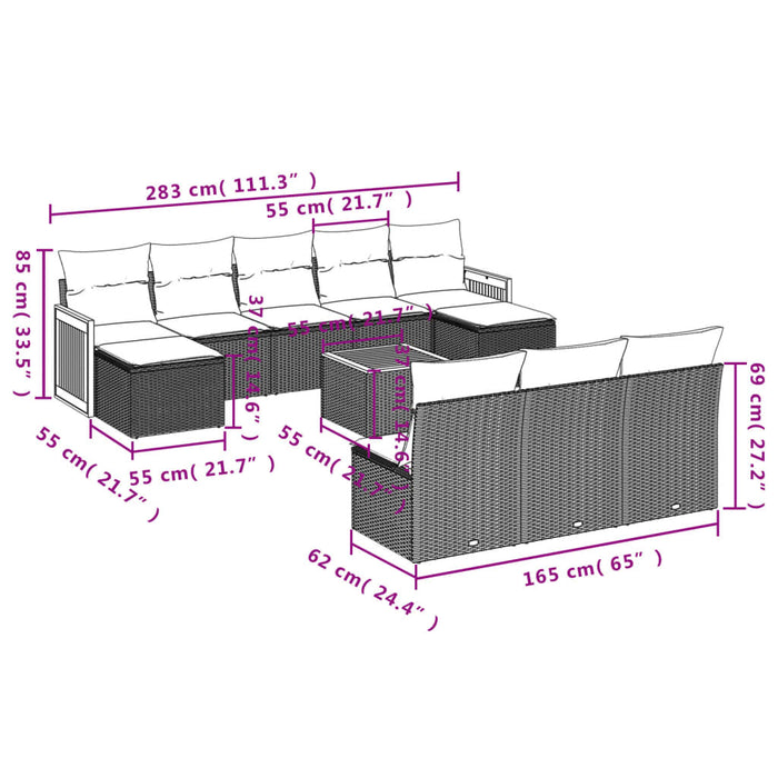 Set Divani da Giardino 11 pz con Cuscini in Polyrattan Nero 3228071