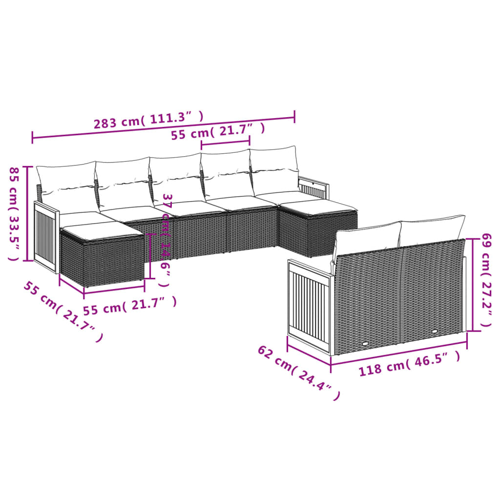 Set Divani da Giardino 9 pz con Cuscini Nero in Polyrattan 3228079