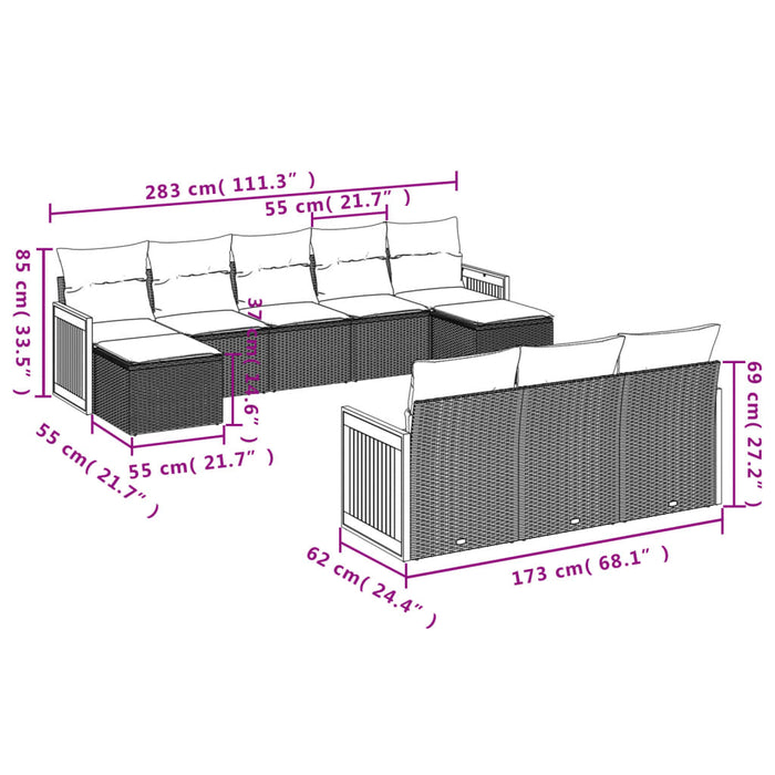 Set Divani da Giardino 10pz con Cuscini in Polyrattan Nero 3228092