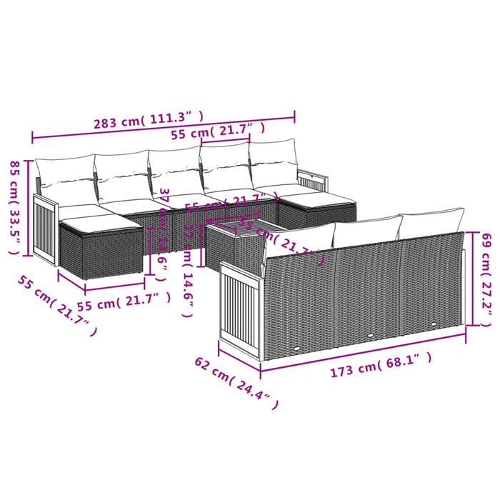 Set Divani da Giardino 11 pz con Cuscini in Polyrattan Nero 3228099