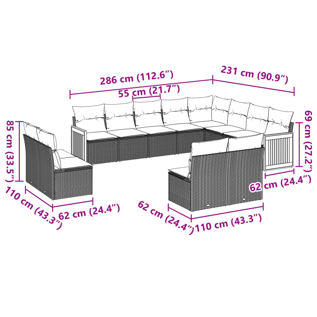 Set Divani da Giardino 12 pz con Cuscini Nero in Polyrattan 3228148