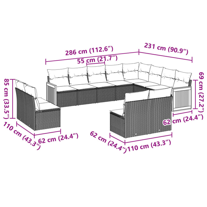 Set Divani da Giardino 12 pz con Cuscini Nero in Polyrattan 3228149