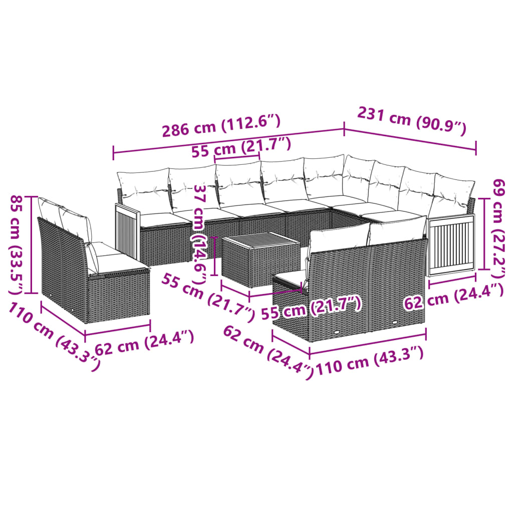 Set Divani da Giardino 13pz con Cuscini Nero in Polyrattan 3228155