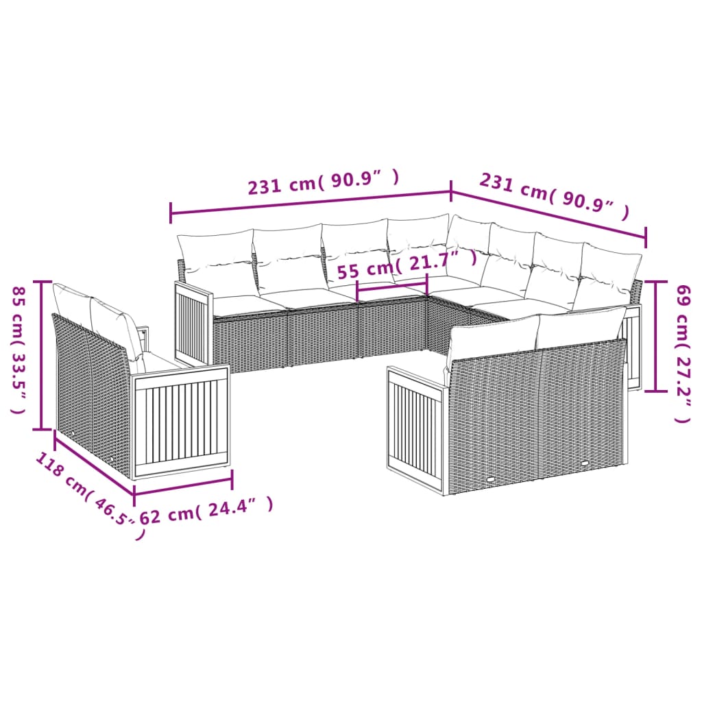 Set Divani da Giardino 11 pz con Cuscini in Polyrattan Nero 3228177