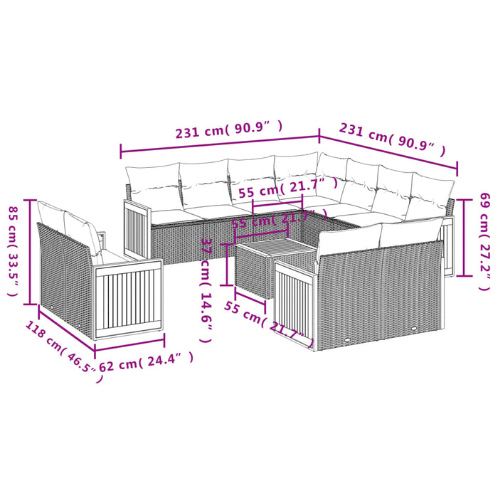 Set Divani da Giardino 12 pz con Cuscini Beige in Polyrattan 3228187