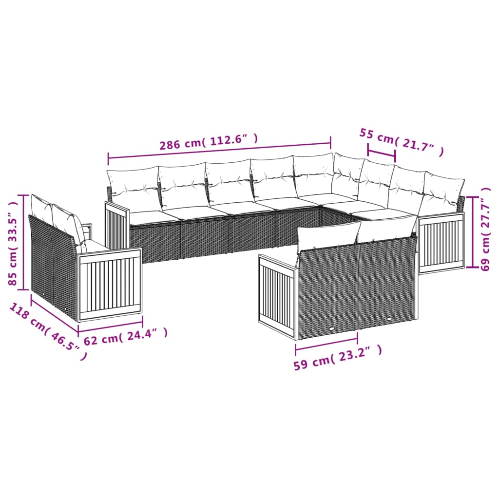 Set Divani da Giardino 12 pz con Cuscini Nero in Polyrattan 3228190