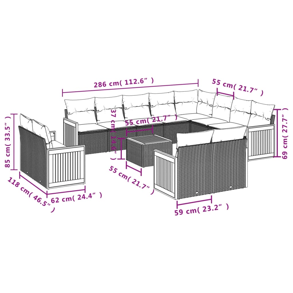 Set Divani da Giardino 13pz con Cuscini Nero in Polyrattan 3228198